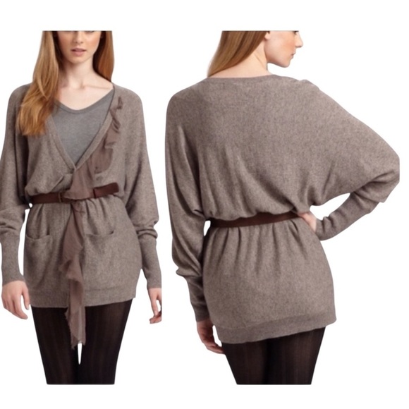 ELIZABETH & JAMES KYRA CARDIGAN XS SILK RUFFLE LONG LINE LUXURY CASHMERE ANGORA - Picture 1 of 12